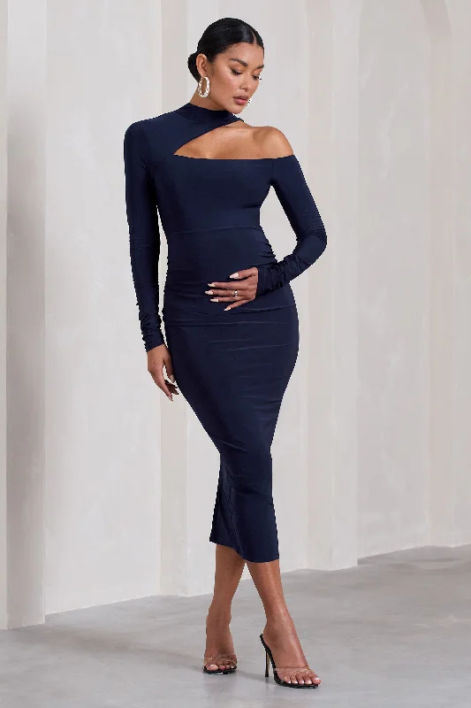 Women's Sleeveless DressesJust Dream | Navy Asymmetric High-Neck Cut-Out Maternity Midi Dress