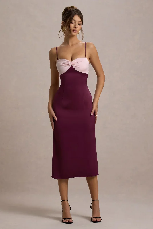 Women's High Collar DressesAndretti | Burgundy & Pink Satin Strappy Midi Dress