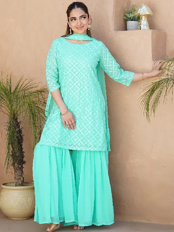 Women's Jumpsuits with Shirt CollarSea Green Embroidered Georgette Straight Sharara Suit Set With Dupatta