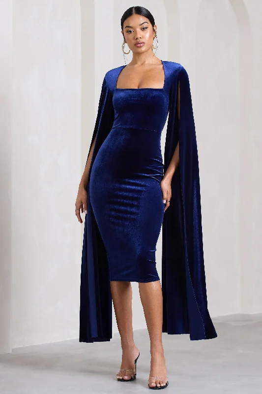 Women's Low Collar DressesFlawless | Navy Velvet Square Neck Midi Dress With Cape Sleeves