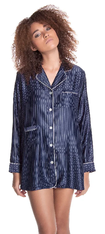 women's pajamas with pockets on legsWomen's Stripe Dull Satin Long Sleeves Nightshirt 2124