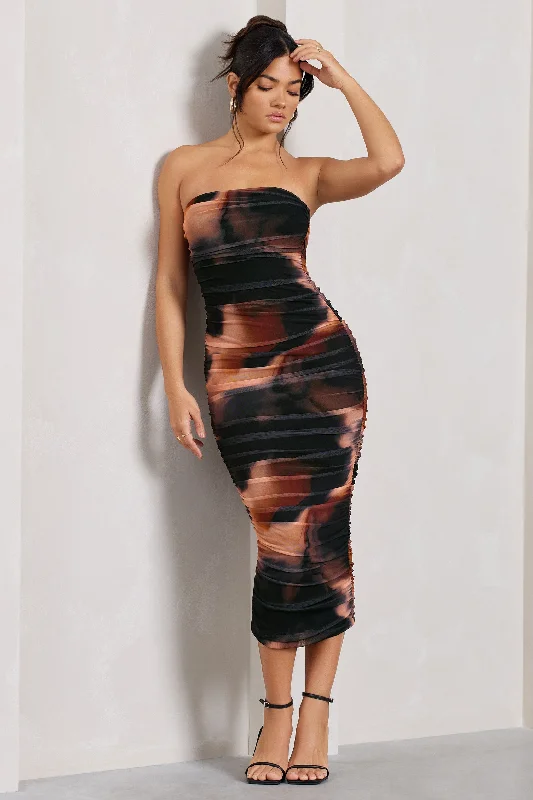 Women's Flared DressesMy Girl | Orange Smoke Print Strapless Bodycon Ruched Mesh Midi Dress