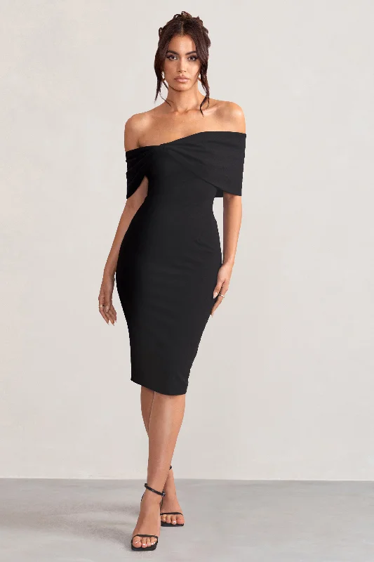 Women's Racerback DressesAlyssa | Black Bardot Bow Detail Midi Dress