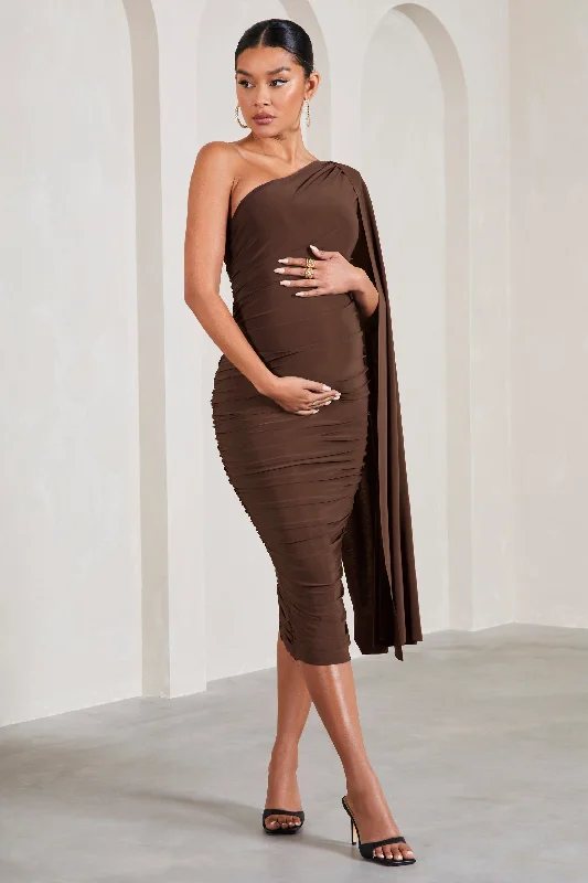 Women's One-Shoulder DressesYara | Chocolate Maternity One Sleeve Ruched Maternity Midi Dress with Cape Sleeve