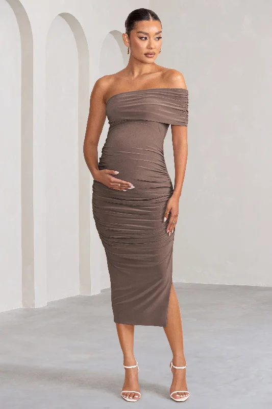 Women's Notched Collar DressesOdelia | Mocha Maternity Midi Dress with Asymmetric Sleeve and Side Split