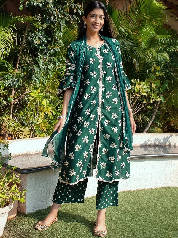 Women's Jumpsuits with Short LengthGreen Printed Silk A-Line Kurta With Palazzos & Dupatta