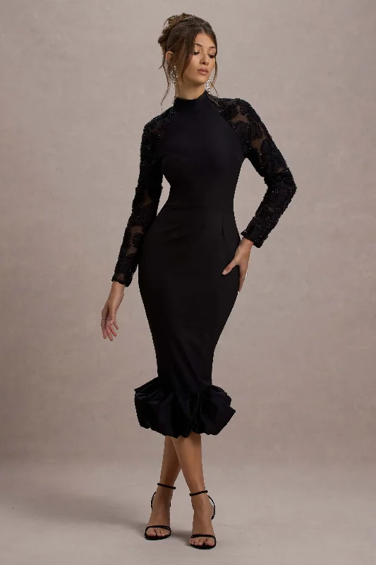 Women's V-Shaped Collar DressesChandra | Black Mesh Long-Sleeve Midi Dress With Ruffle Hem