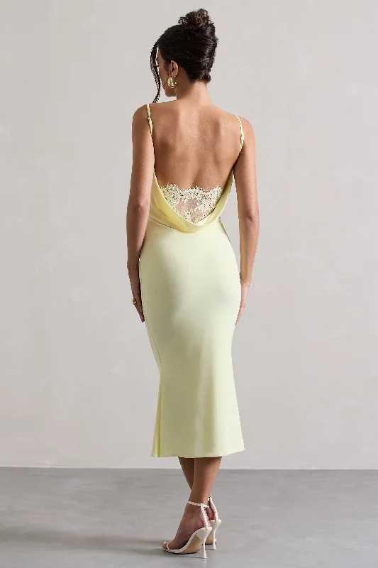 Women's Notched Collar DressesAddison | Lemon Cowl-Neck Open-Back Midi Dress With Lace