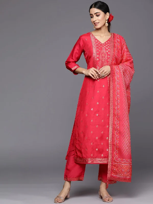 Women's Jumpsuits with Narrow CollarCoral Self Design Silk Blend Straight Kurta With Trousers & Dupatta