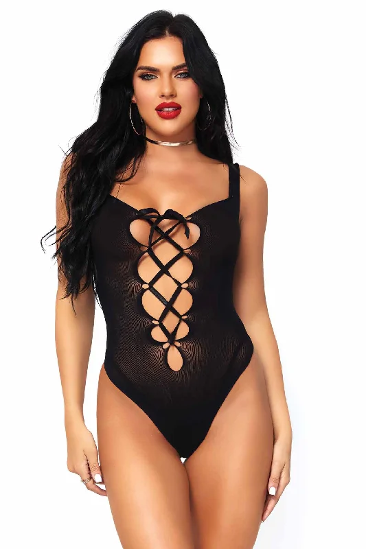 plus-size waist cincher with lace overlayOpaque Lace Up Thong Teddy