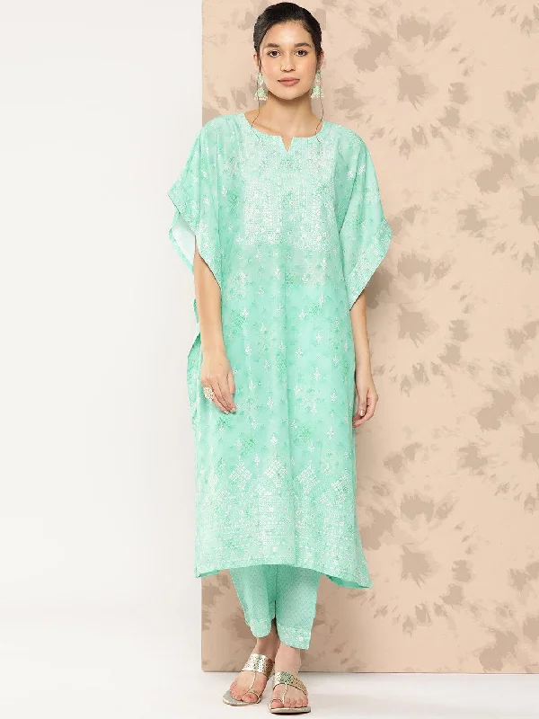 Women's Jumpsuits with Shirt CollarSea Green Printed Silk Blend Kaftan Kurta With Trousers