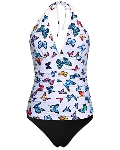 Open Back Tropical Style Tankini Swimsuits Bikini Bottom For Women-White Butterfly