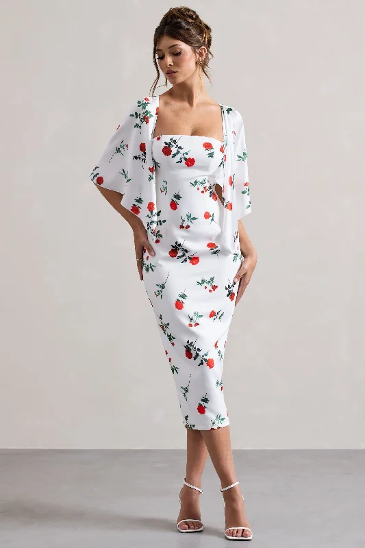 Women's Pleated DressesBonita | Rose Print Cape-Sleeve Midi Dress