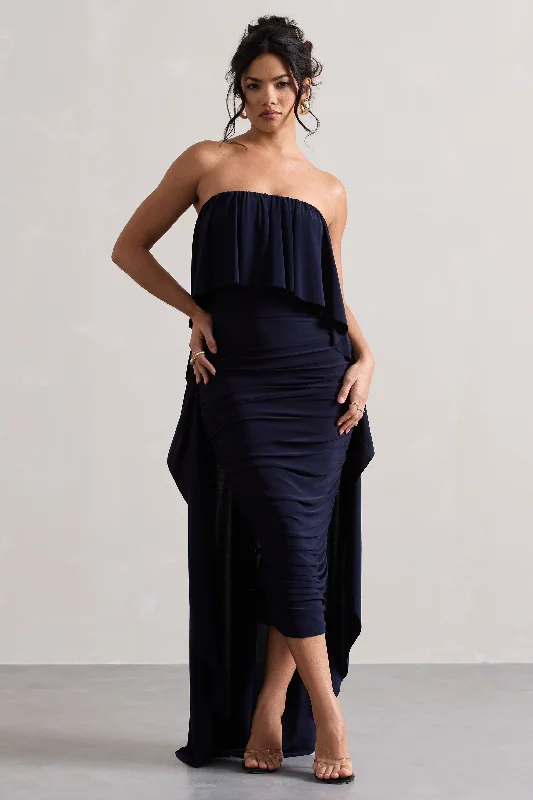 Women's Sweetheart Collar DressesUpon A Time | Navy Ruched Bandeau Midi Dress With Cape