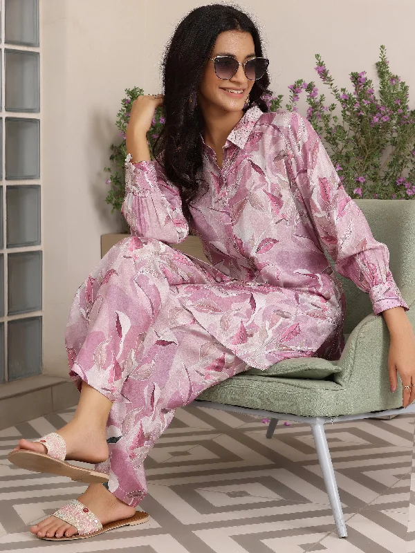 Women's Jumpsuits with Shawl CollarLavender Printed Silk Blend Co-Ords