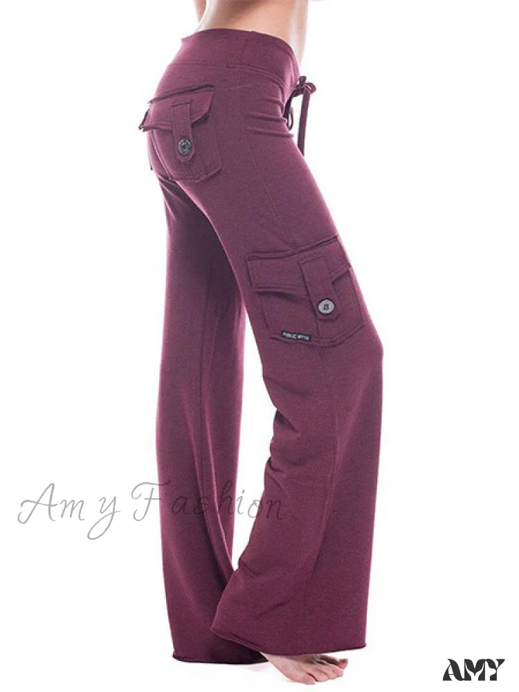 Women's Bootcut PantsAmy Fashion - Solid Color Cargo Jogger Drawstring Elastic Waist Trousers