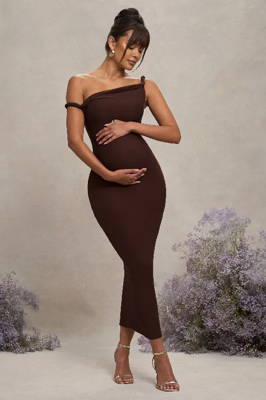 Women's Lapel Collar DressesSalome | Chocolate Brown Twisted Asymmetric Maternity Midi Dress