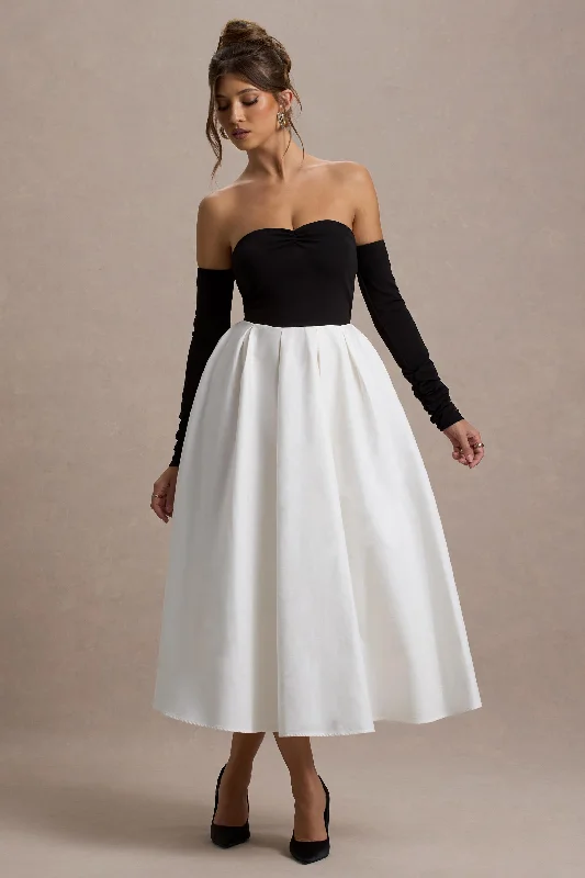 Women's Rounded-Neck DressesSolada | Black & Cream Bardot Pleated Midi Dress