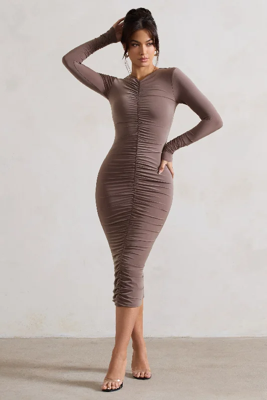 Women's Wide Collar DressesMonique | Mocha Ruched Bodycon Midi Dress