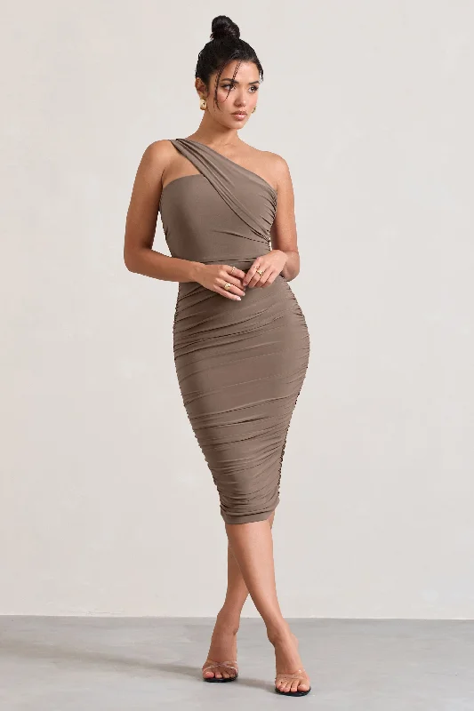 Women's Shift DressesContour | Mocha One Shoulder Bodycon Midi Dress