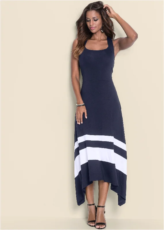 Women's Wide Collar DressesColor Block Maxi Dress - Navy & White