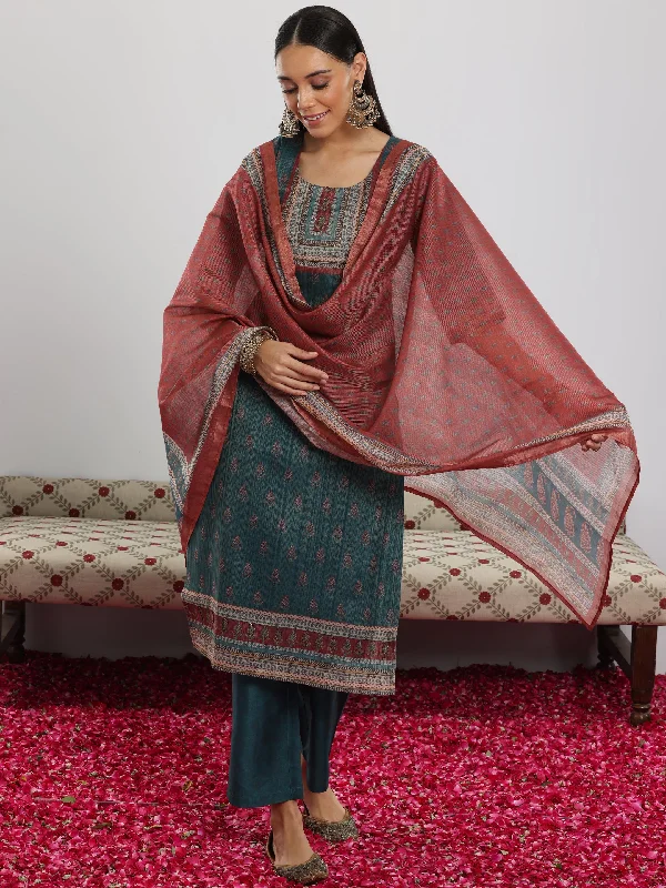 Women's Jumpsuits with Square CollarTeal Green Printed Silk Blend Straight Suit With Dupatta