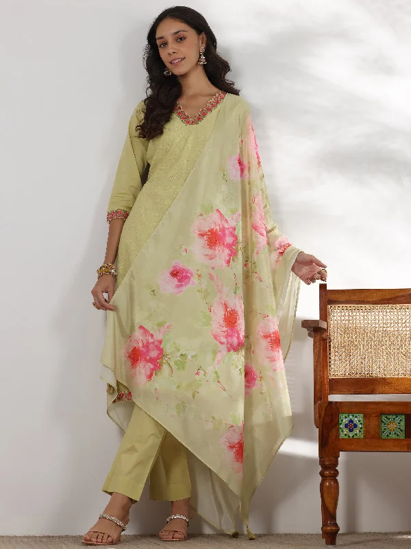 Women's Jumpsuits with Straight LegGreen Embroidered Cotton Straight Suit With Dupatta