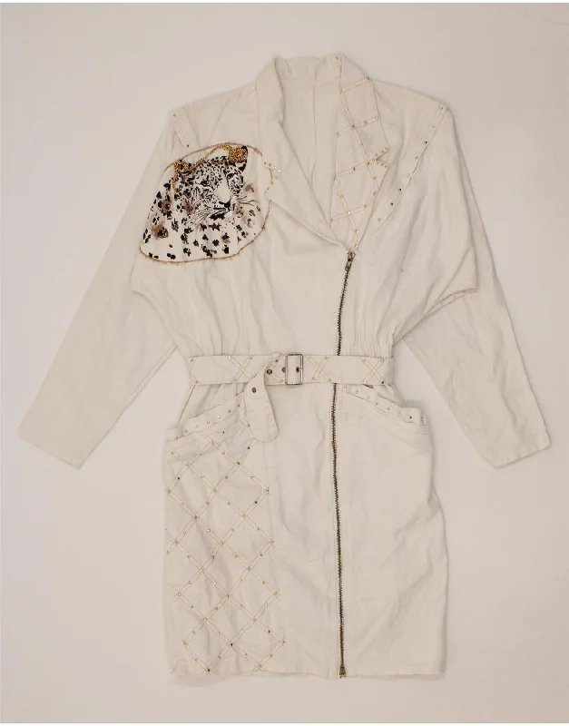 Women's Parka CoatsVINTAGE Womens Graphic Denim Coat UK 14 Large White Animal Print