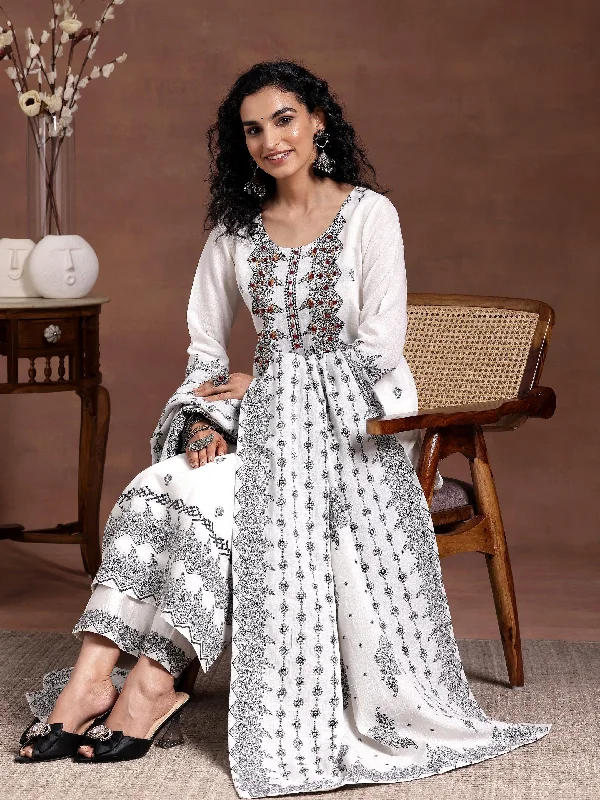 Women's Jumpsuits with Short LengthWhite Woven Design Linen Straight Suit With Dupatta