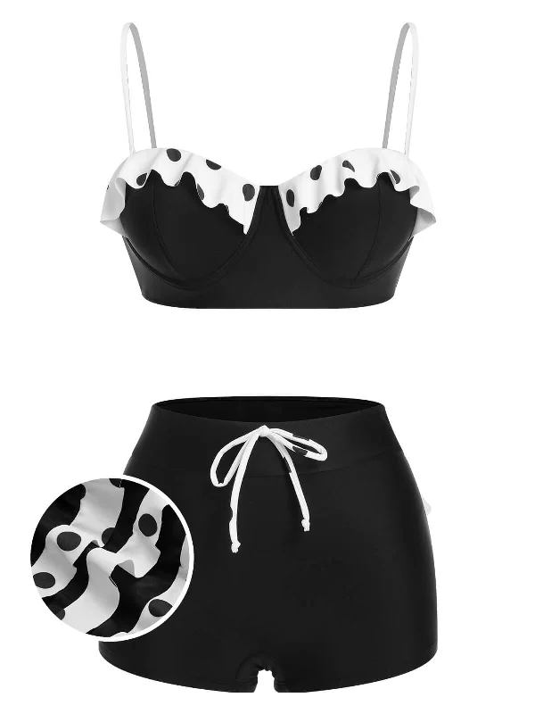 Black White 1950s Dots Layered Strap Swimsuit