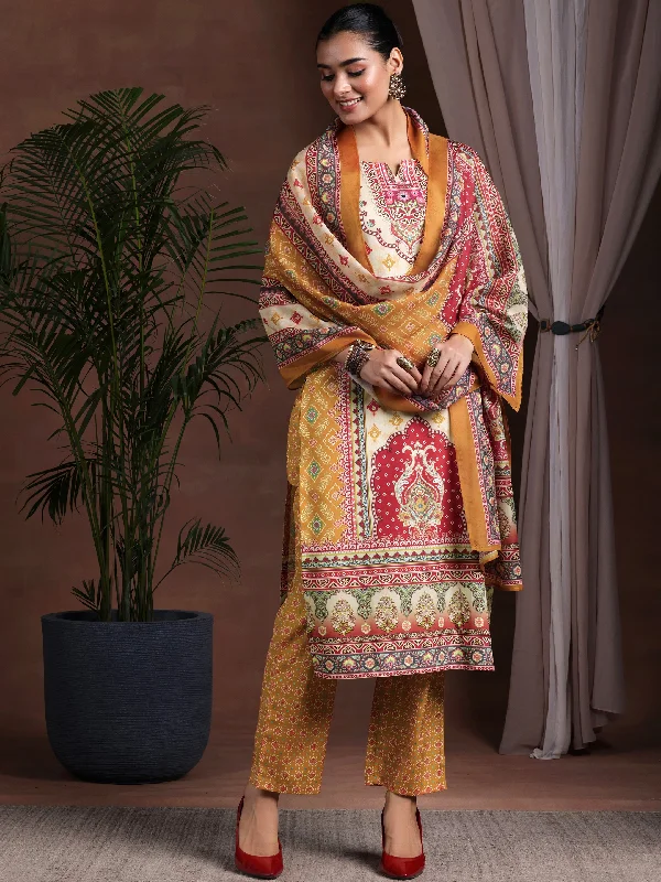 Women's Jumpsuits with Wide LegMustard Printed Poly Crepe Straight Suit With Dupatta