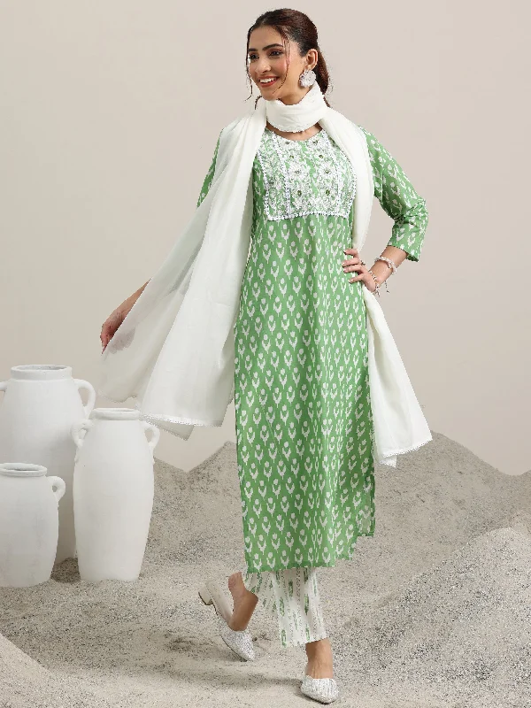 Women's Jumpsuits with Boat NeckGreen Printed Cotton Straight Suit With Dupatta