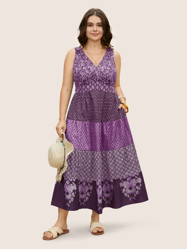 Women's V-Shaped Collar DressesBandana Patchwork Floral Sleeveless Dress