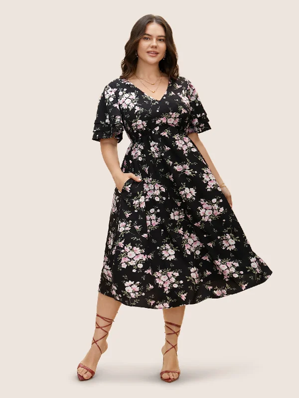 Women's High Collar DressesFloral Elastic Waist Tiered Ruffle Sleeve Dress