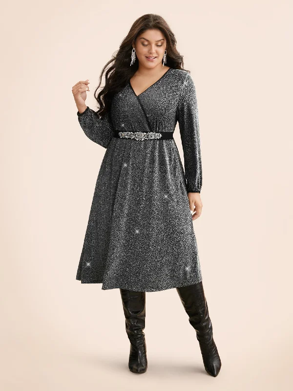 Women's High Collar DressesOverlap Collar Luxe Lantern Sleeve Dress