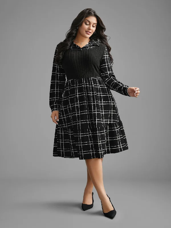 Women's Long-Sleeve DressesPlaid Patchwork Texture Ruffle Hem Dress