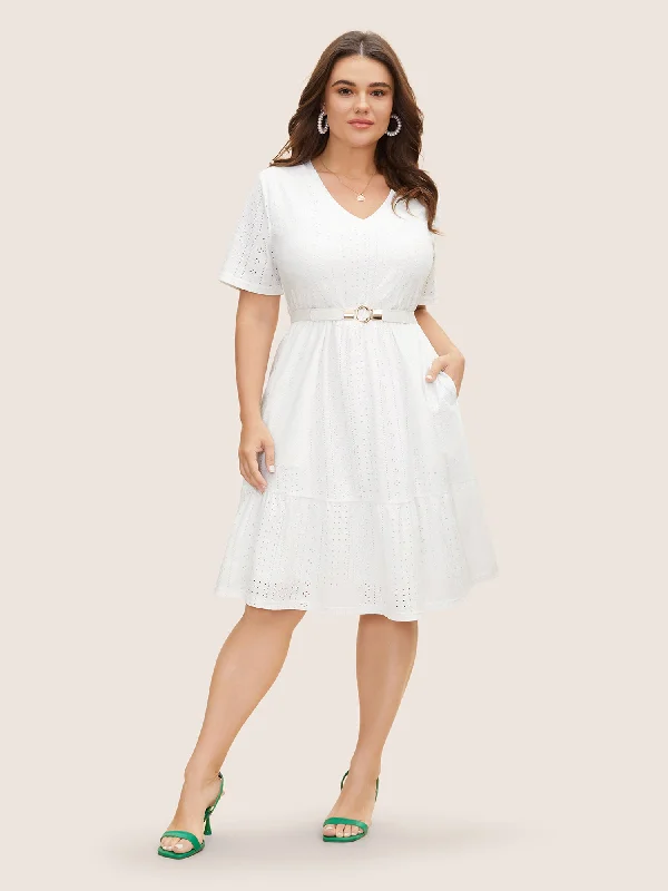 Women's Wide Collar DressesPlain Broderie Anglaise Elastic Waist Dress