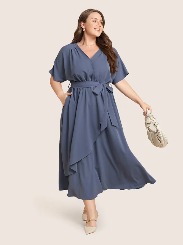 Women's Keyhole-Neck DressesPlain Dolman Sleeve Pocket Belted Surplice Neck Flutter Dress