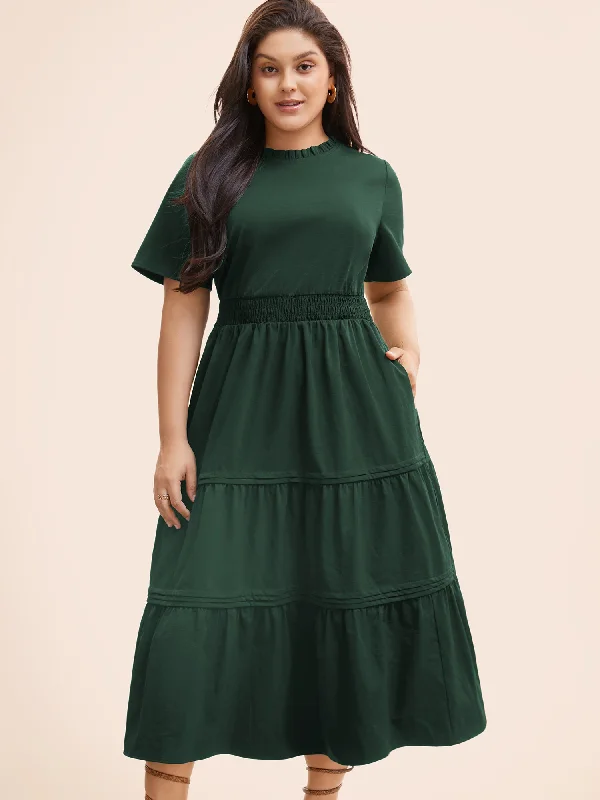 Women's Keyhole-Back DressesPlain Frill Trim Ruffle Layered Hem Dress