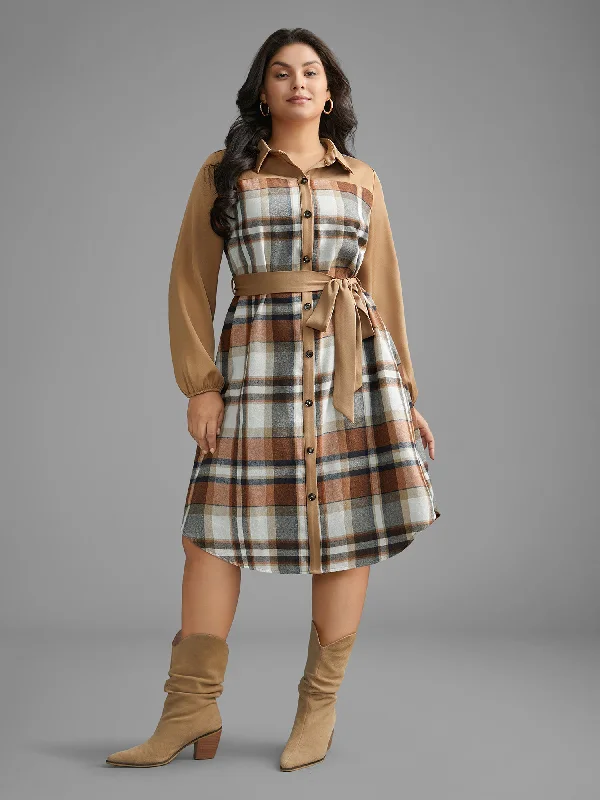 Women's Tiered DressesShirt Collar Plaid Patchwork Belted Dress