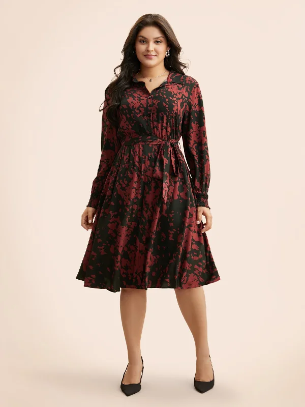 Women's Keyhole Collar DressesSilhouette Floral Print Shirt Collar Belted Dress