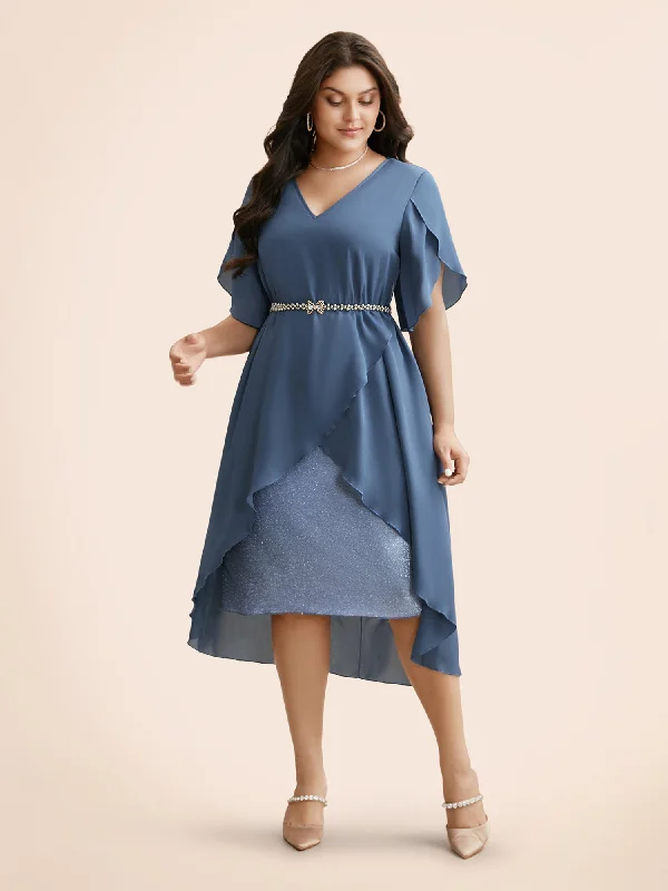 Women's Keyhole-Neck DressesSolid Petal Sleeve Tiered Hem Dress