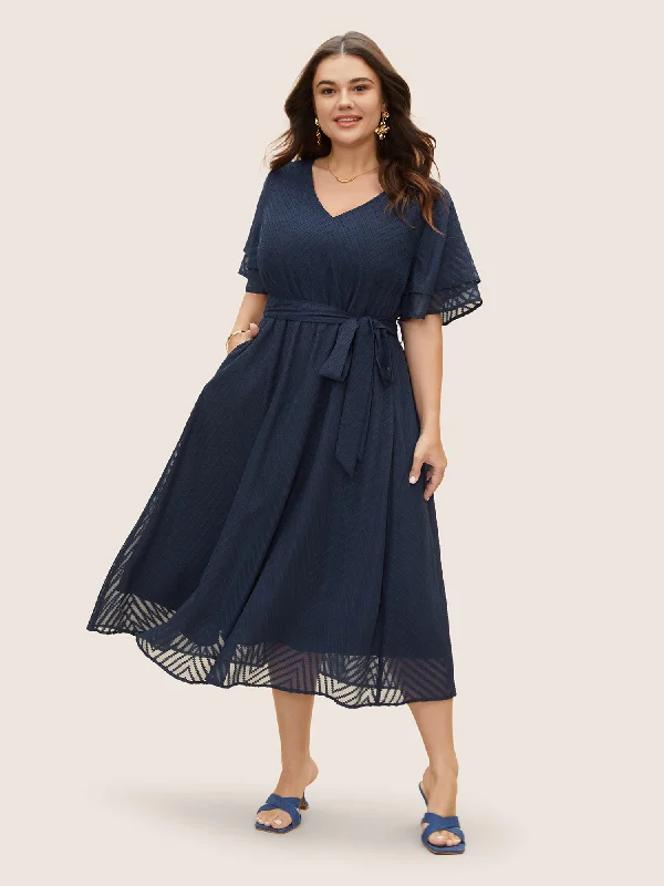 Women's Keyhole-Neck DressesTexture Tiered Ruffle Sleeve See Through Dress