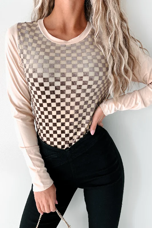 Women's Blouse with Low CollarChess Moves Velvet Checkered Bodysuit (Taupe)