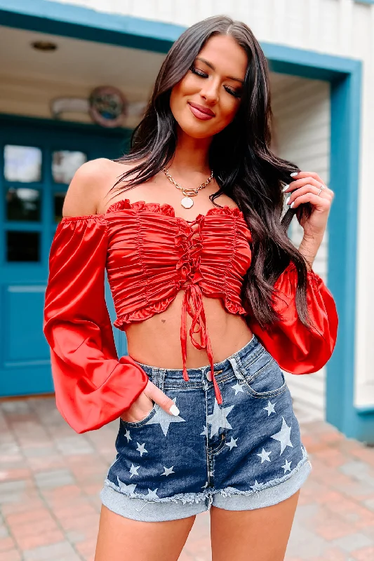 Women's Blouse with HoodTaking Names Ruched Lace-Up Crop Top (Red)