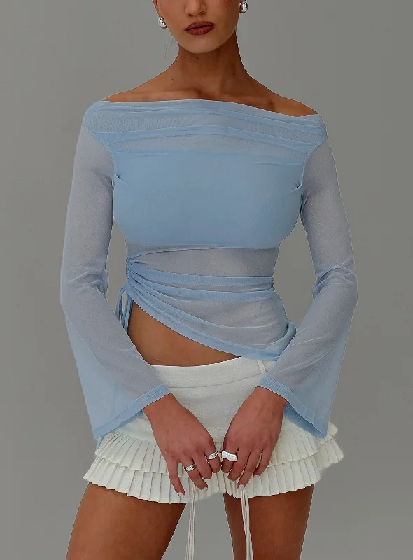 Women's Blouse with Wide CollarTelescopic Off Shoulder Top Blue