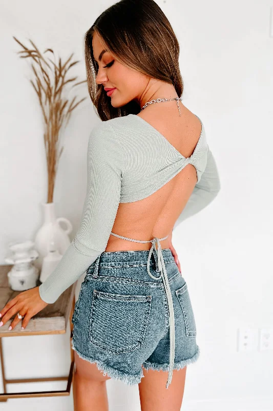 Women's Blouse with Notched CollarUnfiltered Emotions Ribbed Open Back Crop Top (Desert Sage)