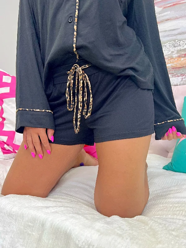 women's pajamas with hidden pocketsBlack with Leopard Trim Shorts