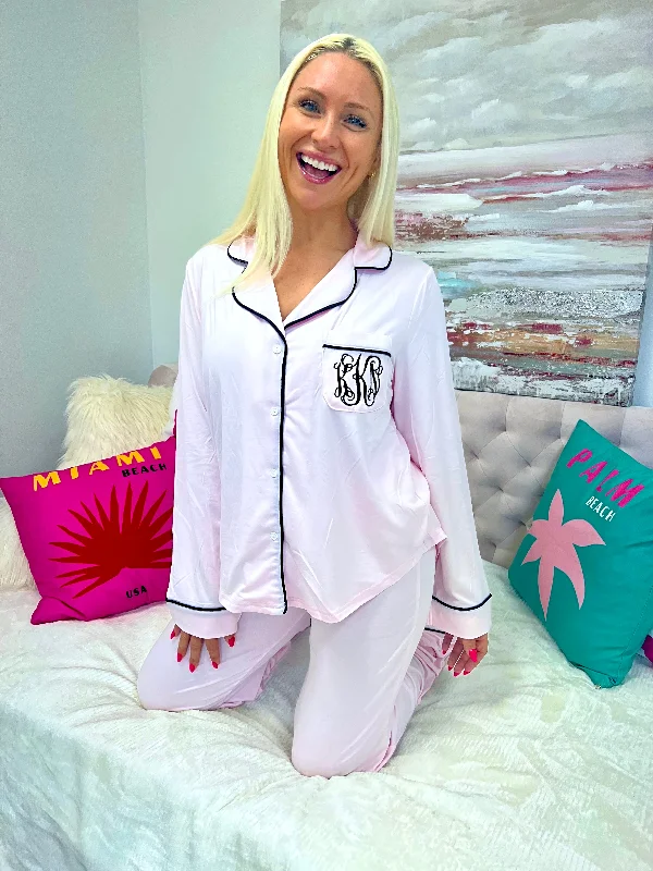 women's pajamas for loungingMonogram Pink with Black Trim Long Sleeve Pajama Top