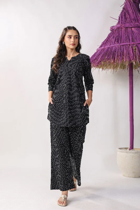 women's pajamas for ultimate relaxationBlack Buti On Cotton Palazzo Loungewear Set